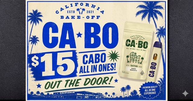 Deal card: California Bake-Off — $15 CABO all-in-ones, out the door. Premium quality all-in-one experience.